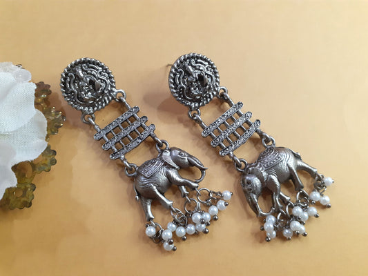 Oxidised Silver Elephant Motif Earrings with Pearl Drops