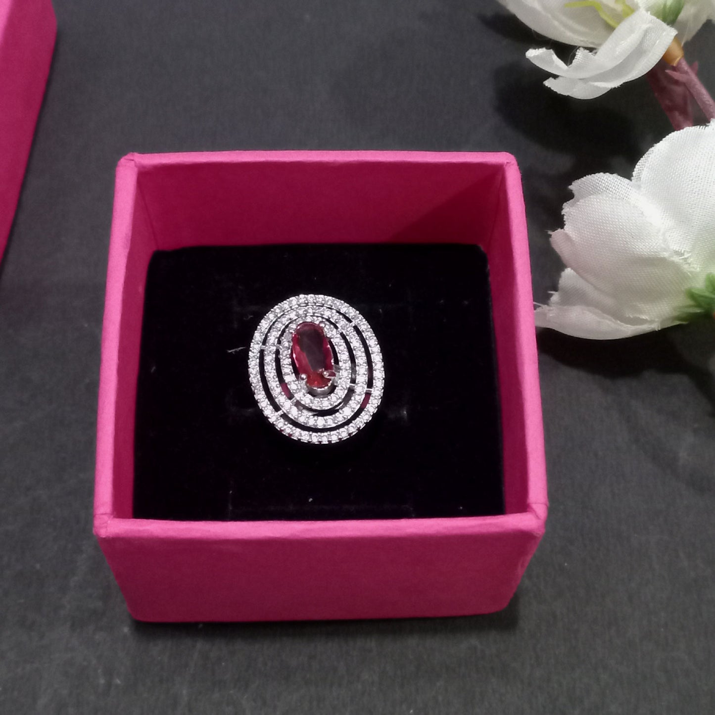 Elegant Oval Ruby Red Stone Ring with CZ – Adjustable Silver Finish