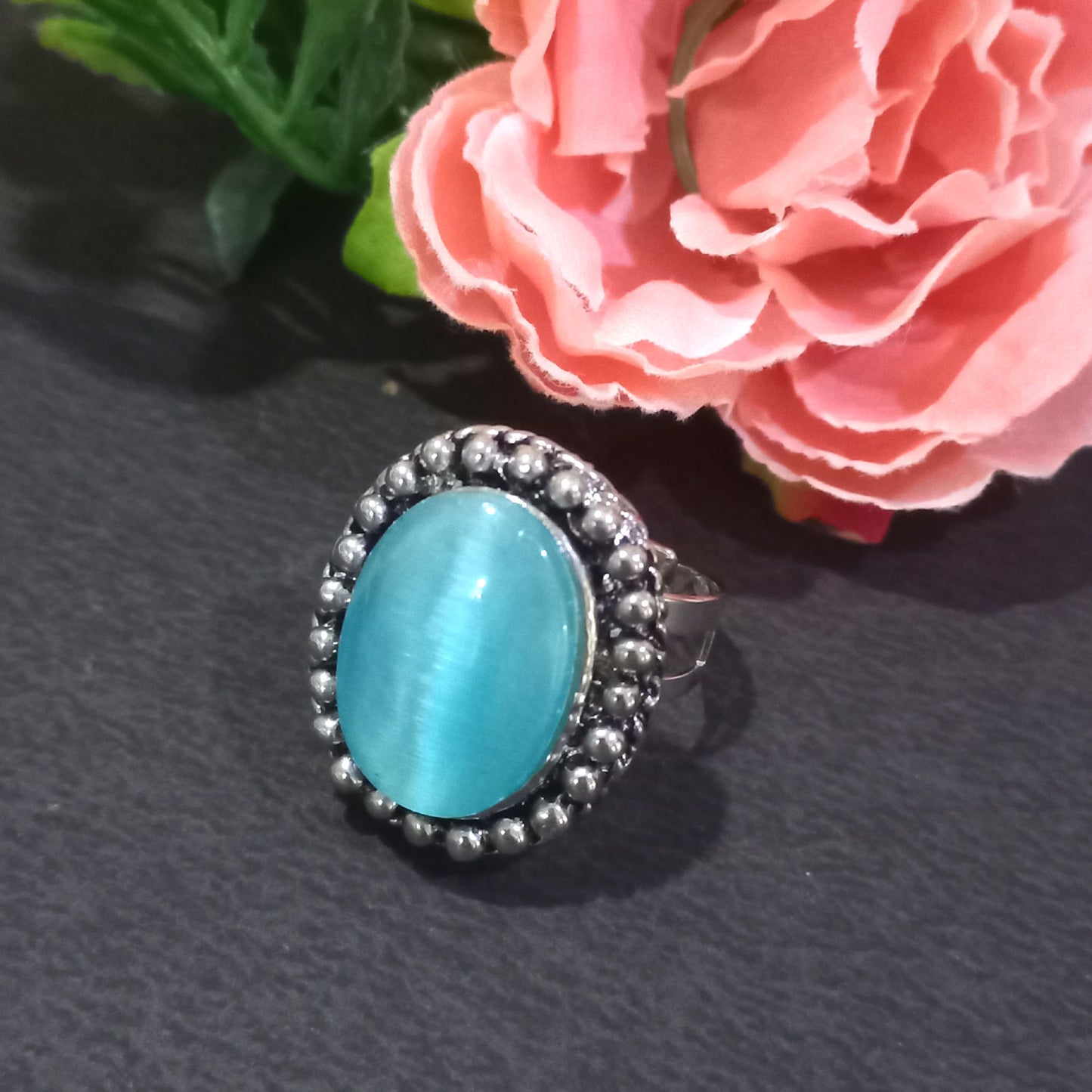 Blue Oval Stone Oxidised Silver-Finish Ring for Women