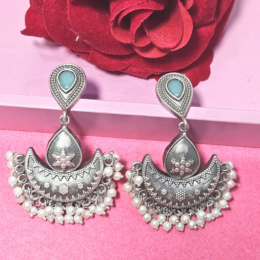 Oxidised Silver Teardrop Earrings with Pearl Fringe & Aqua Stone