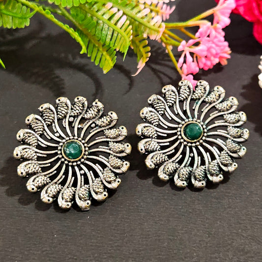 Oxidised Silver Floral Stud Earrings with Blue Stone