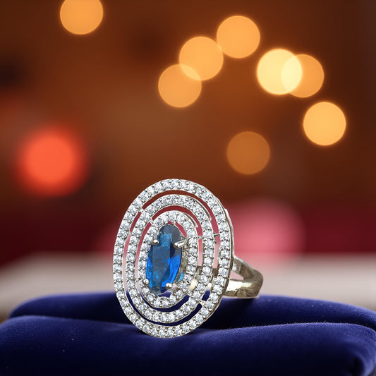 Elegant Oval Ruby Red Stone Ring with CZ – Adjustable Silver Finish