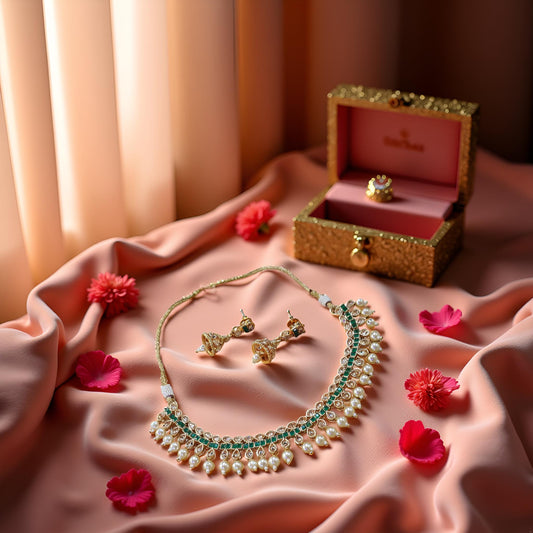 Choker Necklace Set with Pearl Drops and Jhumka Earrings