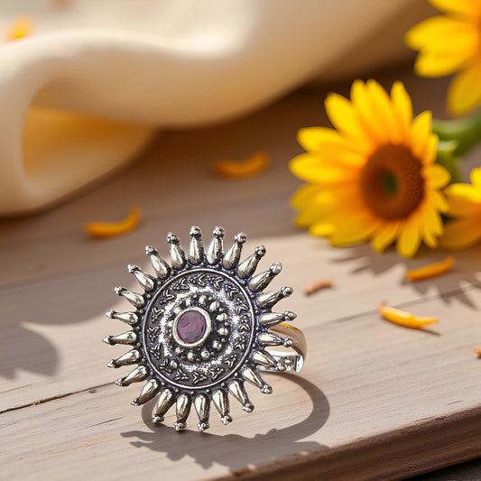 Silver & Maroon Alloy & Brass Regular Ethnic Ring For Women (Skin Safe)