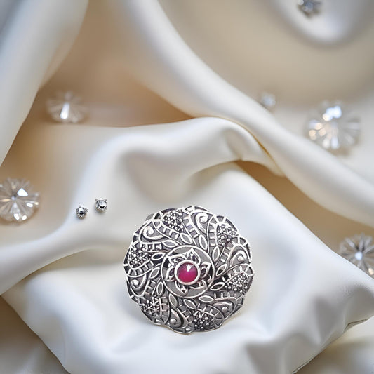 Silver & Red Alloy & Metal & Silver Regular Ethnic Ring For Women (Skin Safe)
