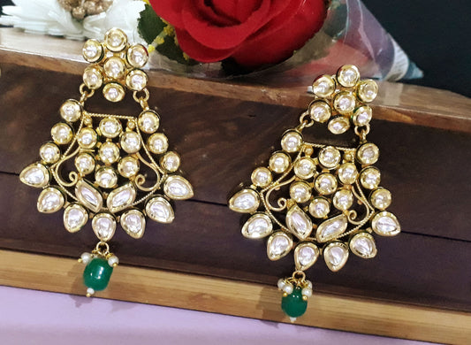 Gold-Plated Kundan Earrings with Emerald Drop
