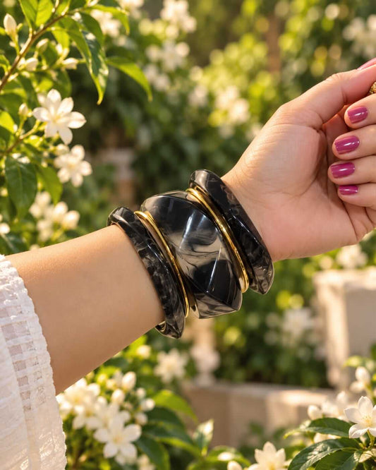 Black and Gold Luxe Resin Bangle Stack