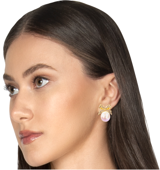 Crystal Bow Pearl Drop Earrings – Gold Plated Statement Studs