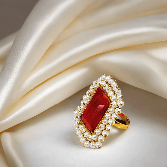Ruby Pearl Halo Cocktail Ring – Gold Plated