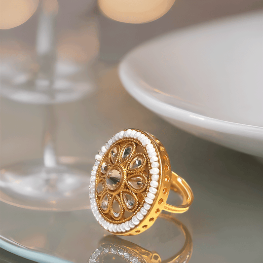 Gold Alloy Regular Ethnic Ring For Women (Skin Safe)