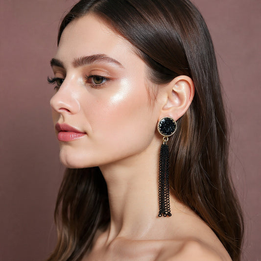 Black Crystal Tassel Statement Earrings for Women