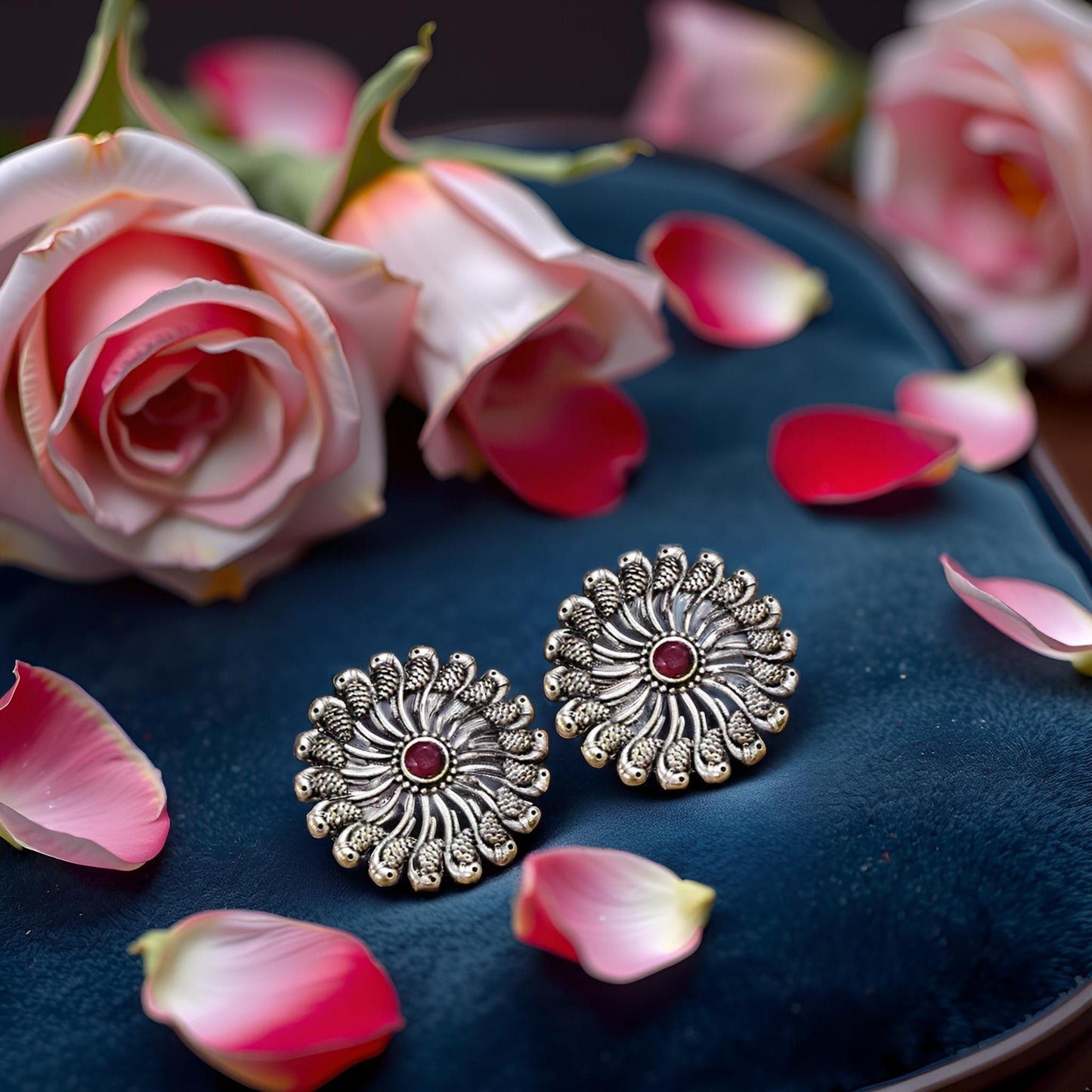 Oxidised Silver Floral Stud Earrings with Blue Stone