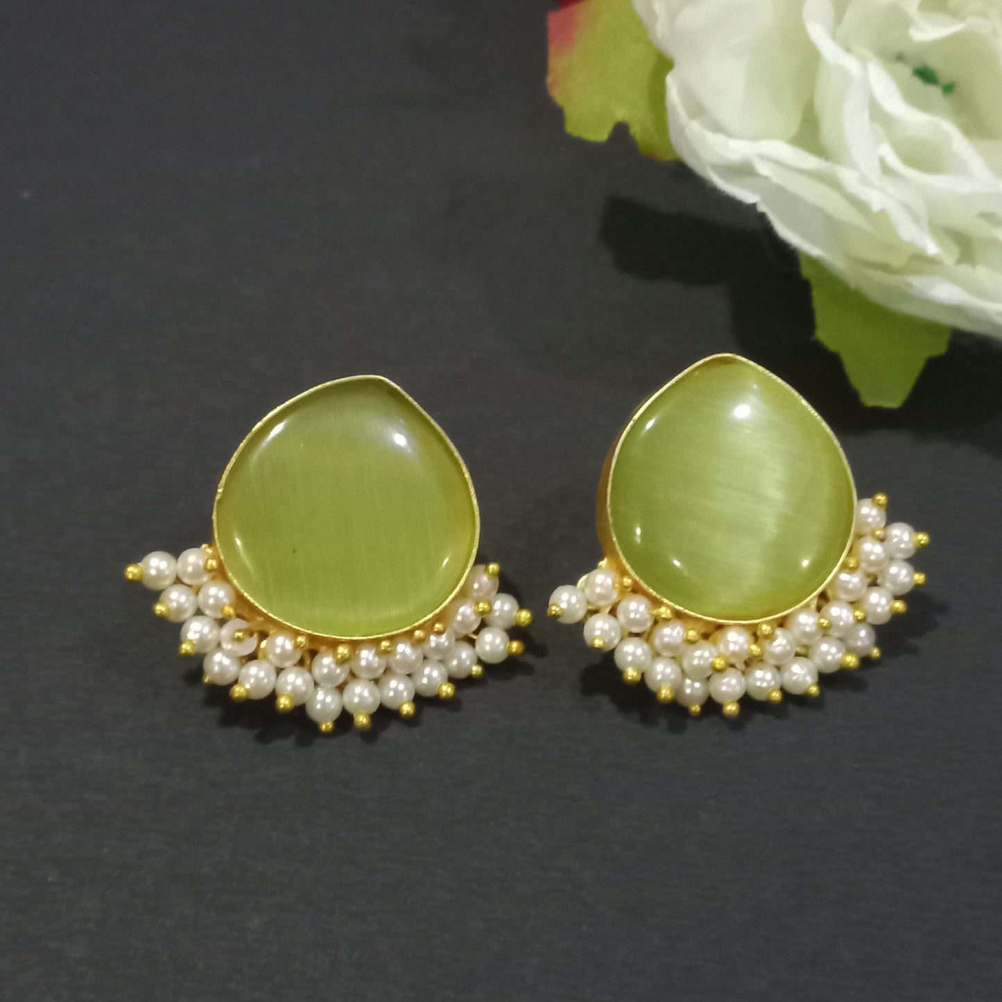 Pearl Drop Stud Earrings – Elegant Gold-Tone Ethnic Earrings