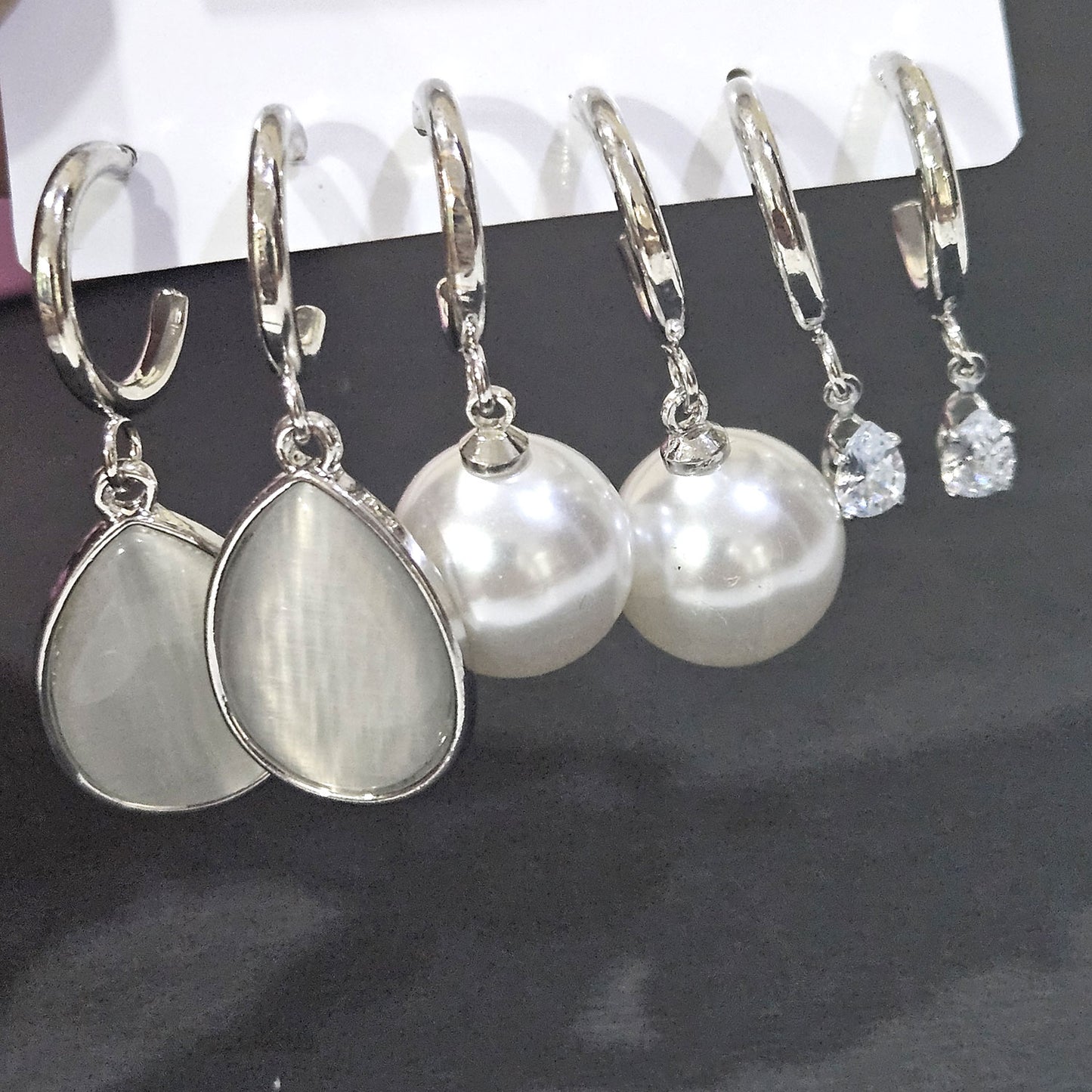 Silver Hoop Earring Combo Set – Pearl, Crystal & Teardrop Charm Collection