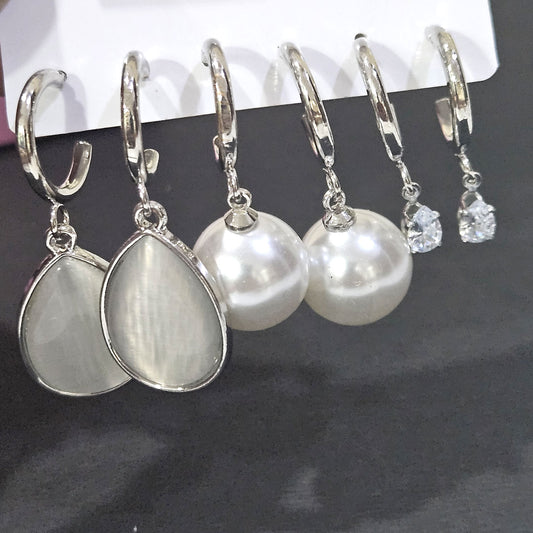 Silver Hoop Earring Combo Set – Pearl, Crystal & Teardrop Charm Collection