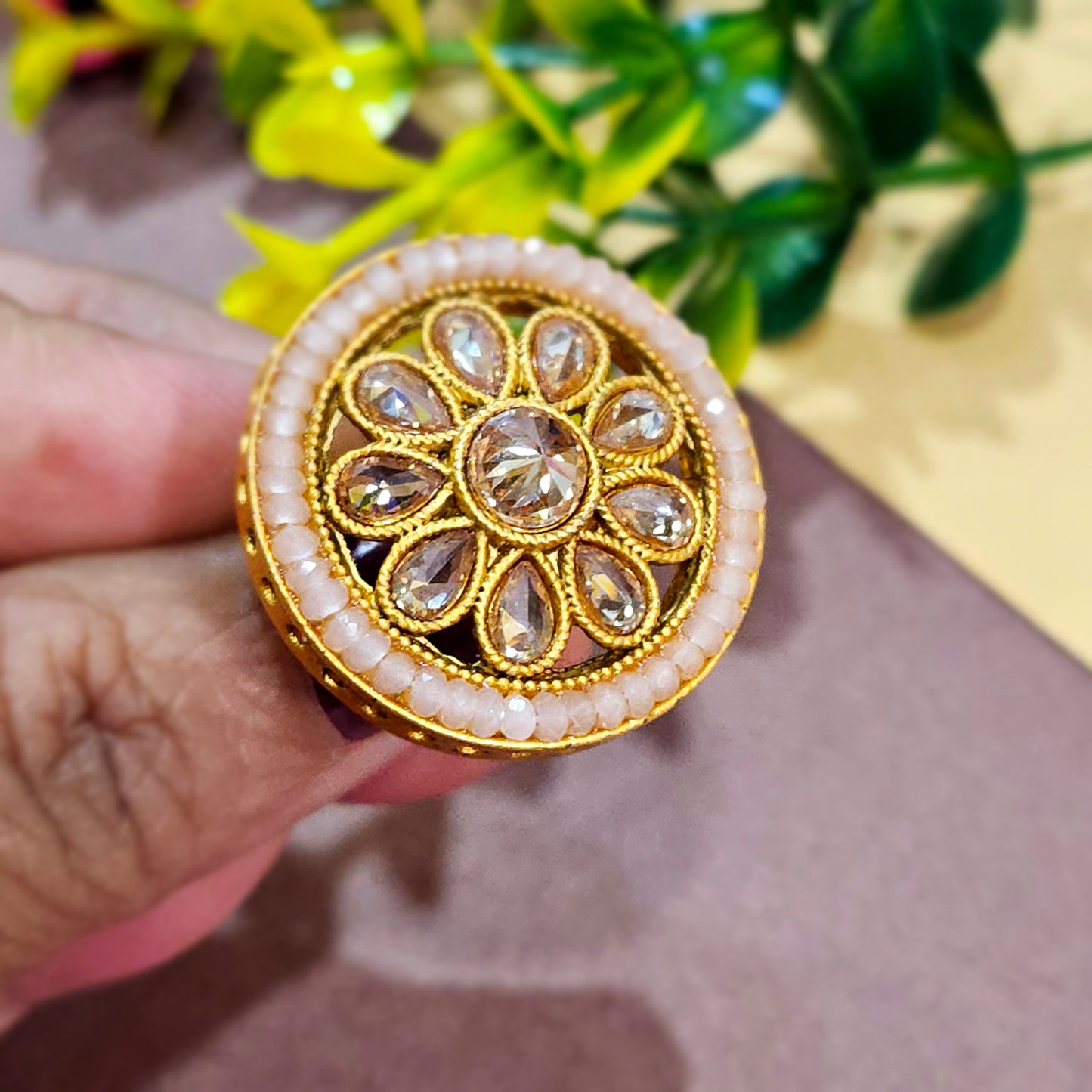 Gold Alloy Regular Ethnic Ring For Women (Skin Safe)