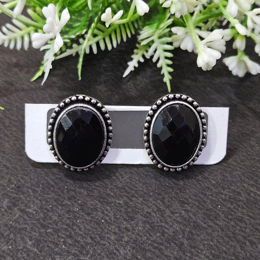 Black Oval Stone Stud Earrings – Oxidised Finish Classic Earrings