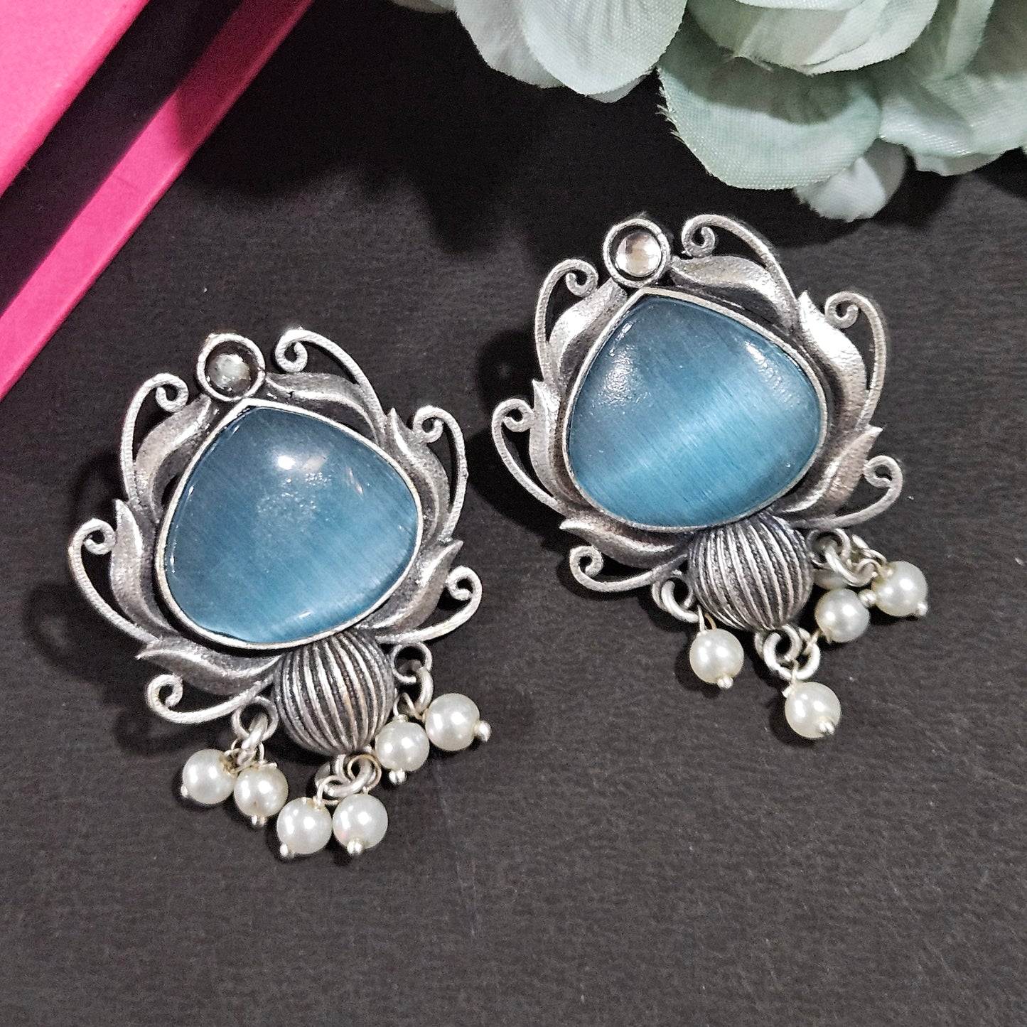Blue Stone Oxidised Silver Stud Earrings with Pearl Drops