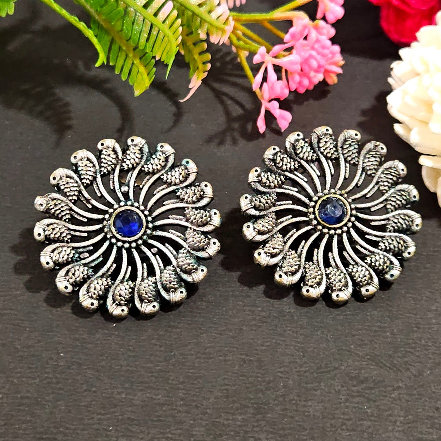 Oxidised Silver Floral Stud Earrings with Blue Stone