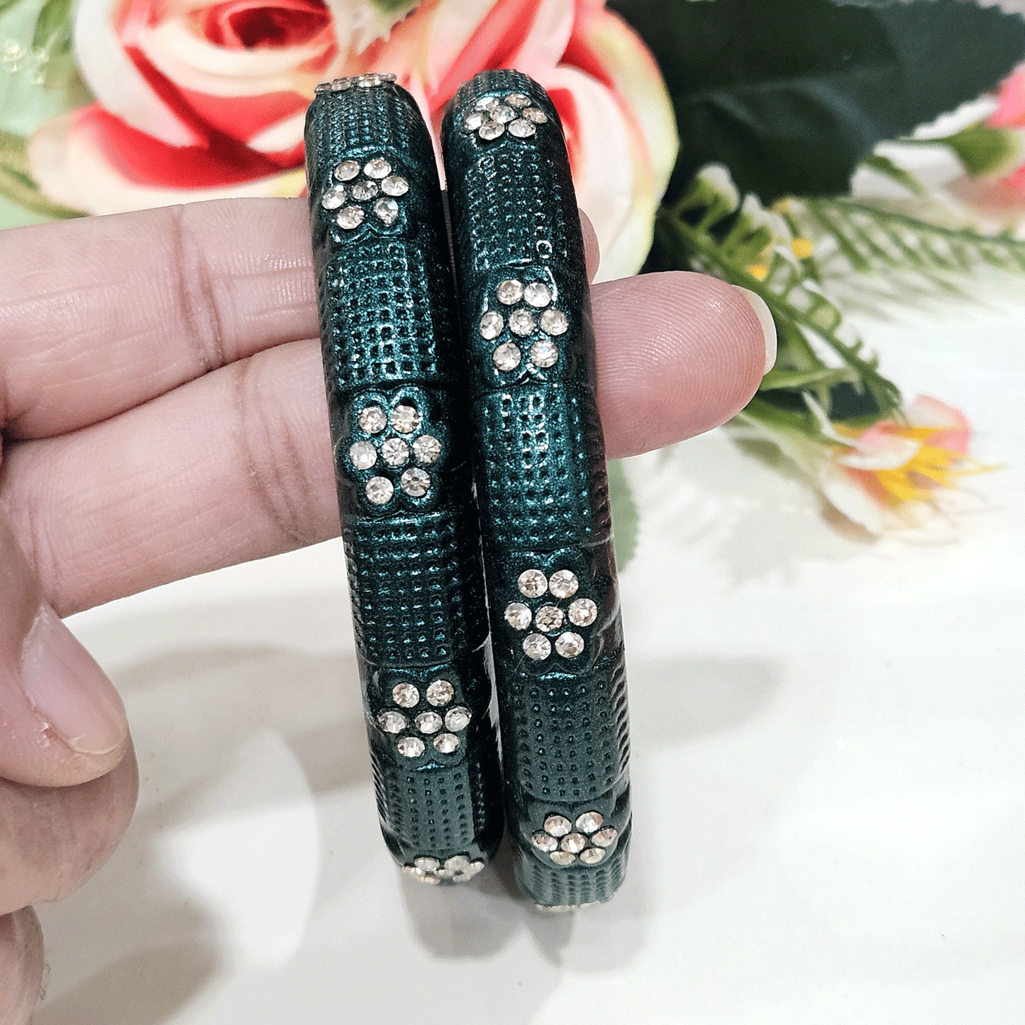 Peach Textured Stone-Studded Lac Bangles – Elegant Ethnic Bangle Set (Set of 2)