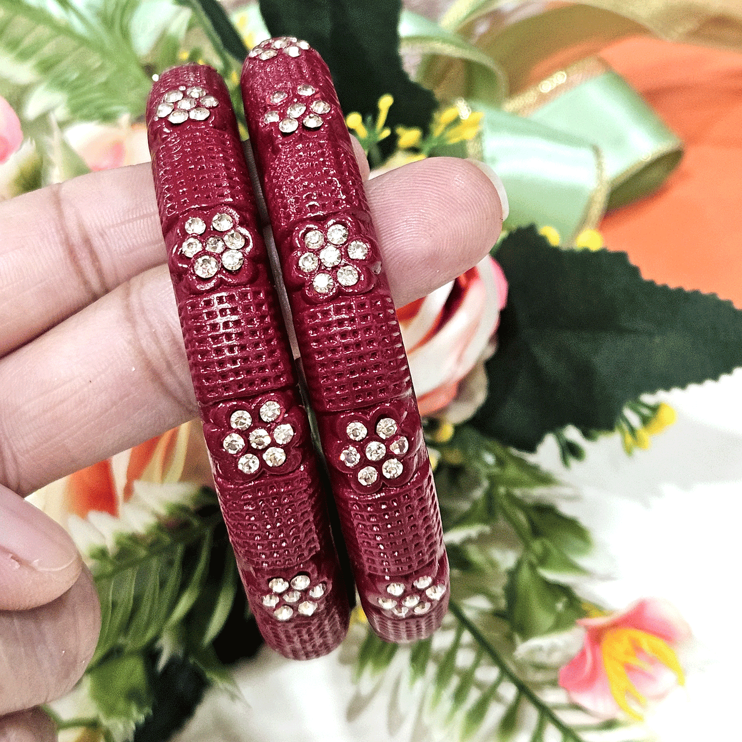 Peach Textured Stone-Studded Lac Bangles – Elegant Ethnic Bangle Set (Set of 2)