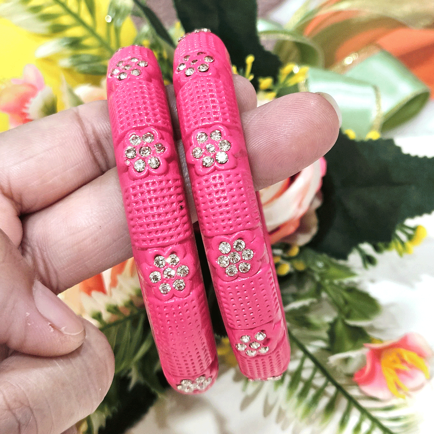 Peach Textured Stone-Studded Lac Bangles – Elegant Ethnic Bangle Set (Set of 2)