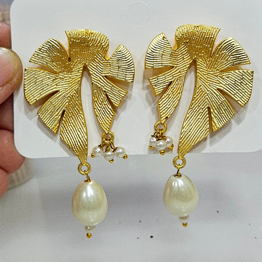 Gold Plated Statement Leaf Earrings with Pearl Drops