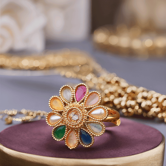Gold & Multicolor Alloy Comfort Ethnic Ring For Women (Skin Safe)
