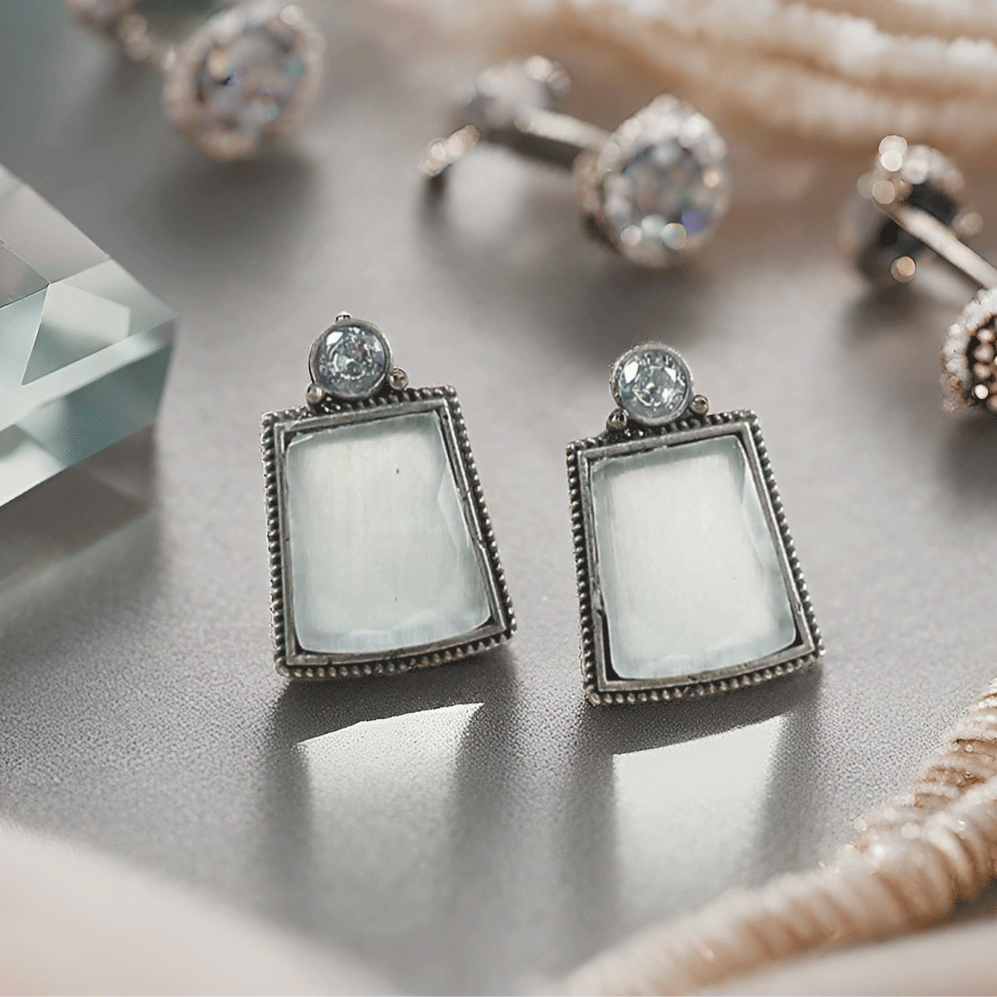 Silver & White Brass Push Back Contemporary Stud Earring For Women (Skin Safe)