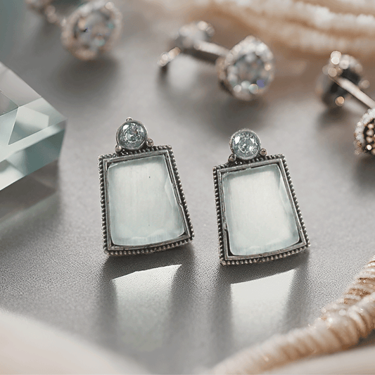 Silver & White Brass Push Back Contemporary Stud Earring For Women (Skin Safe)