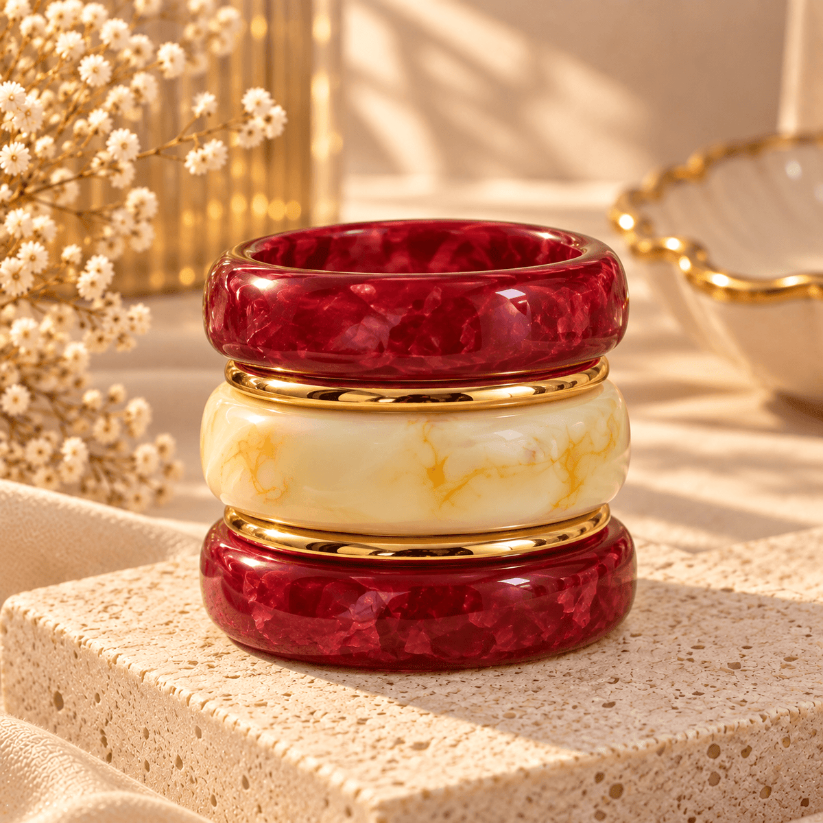 Maroon & Ivory Luxe Resin Bangle Stack