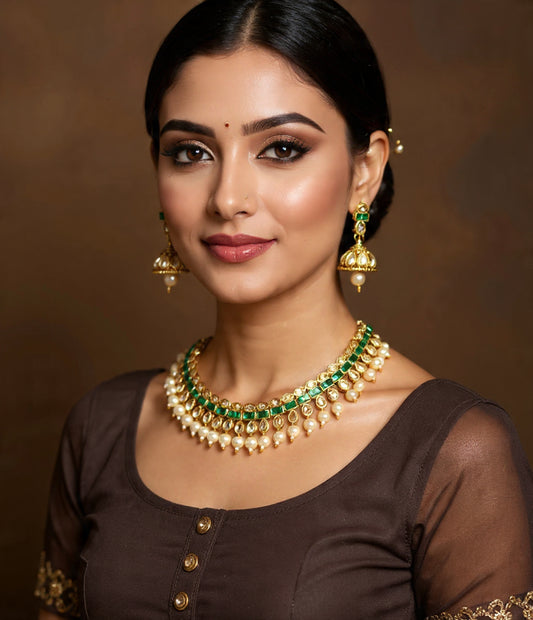 Choker Necklace Set with Pearl Drops and Jhumka Earrings