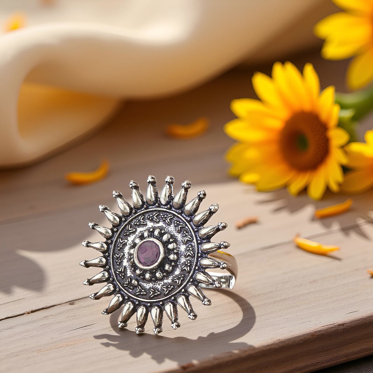 Silver & Maroon Alloy & Brass Regular Ethnic Ring For Women (Skin Safe)