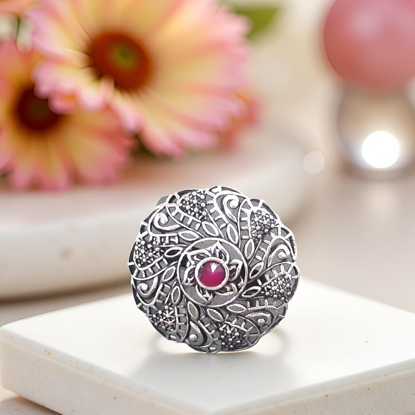 Silver & Red Alloy & Metal & Silver Regular Ethnic Ring For Women (Skin Safe)