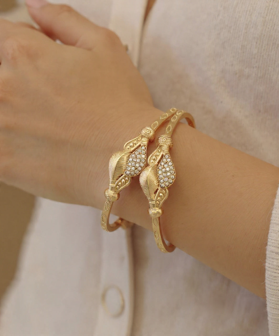 Combo Gold Plated Adjustable Leaf Motif Bangles for Women - Pack of 2