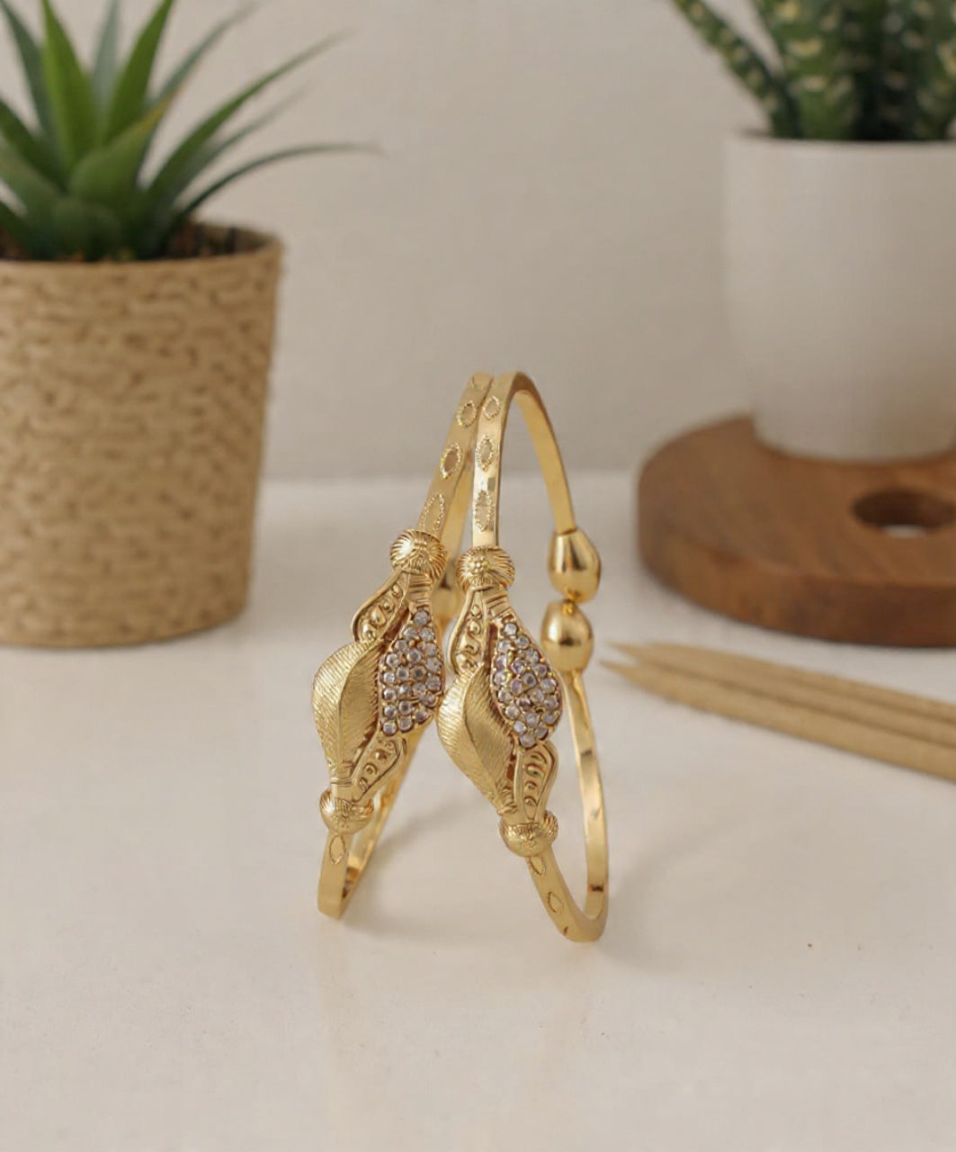 Combo Gold Plated Adjustable Leaf Motif Bangles for Women - Pack of 2