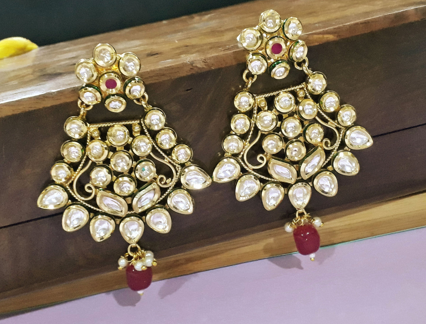 Gold-Plated Kundan Chandbali Earrings with Ruby Drop