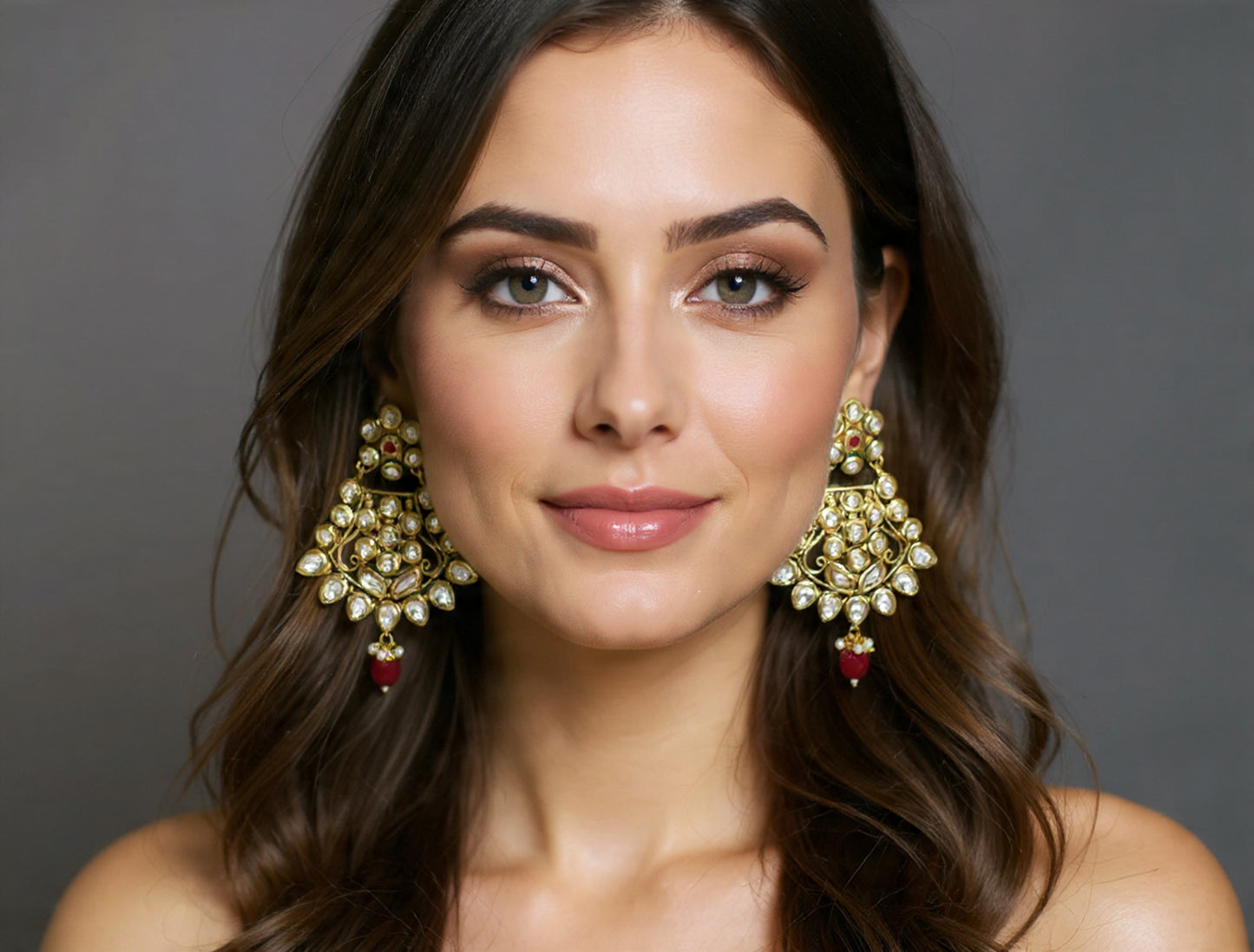 Gold-Plated Kundan Chandbali Earrings with Ruby Drop