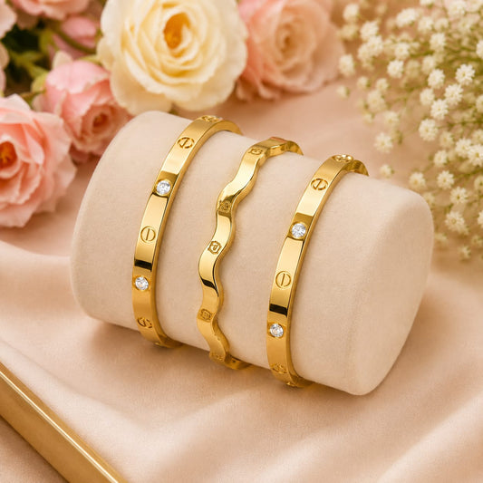 3 Bracelet Stack - Luxury Gold & Wave Bracelet