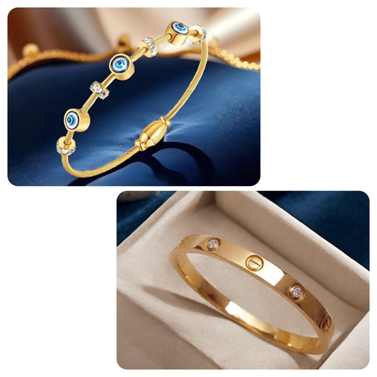 Combo of Gold Plated Bracelet & Gold Plated Evil Eye Bracelet for Women (Set of 2) (Skin Safe)