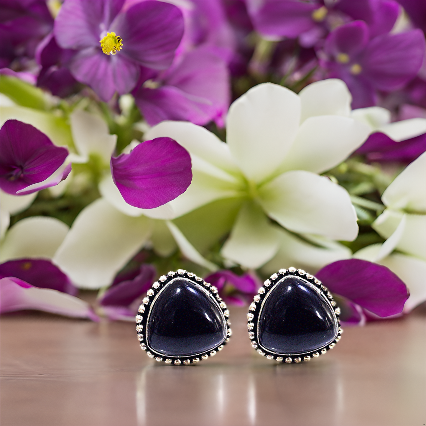 Colorful Stone Stud Earrings with Beaded Oxidised Border