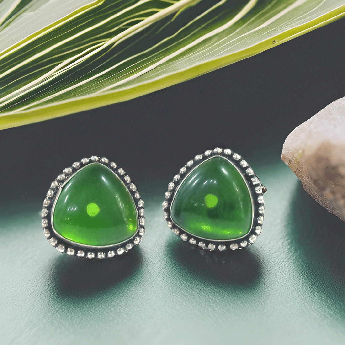 Green Stone Stud Earrings with Beaded Oxidised Border