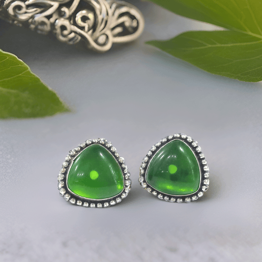 Green Stone Stud Earrings with Beaded Oxidised Border