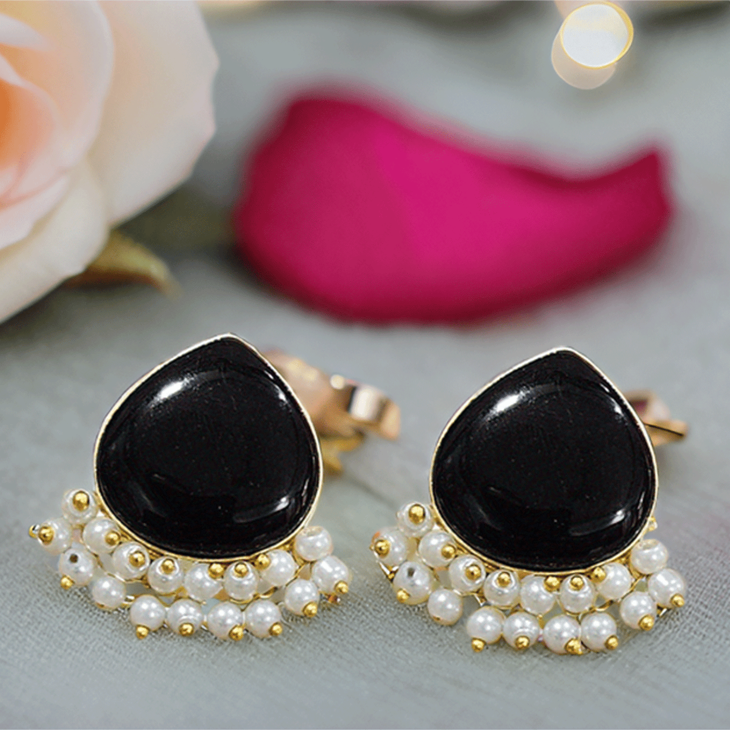 Pearl Drop Stud Earrings – Elegant Gold-Tone Ethnic Earrings