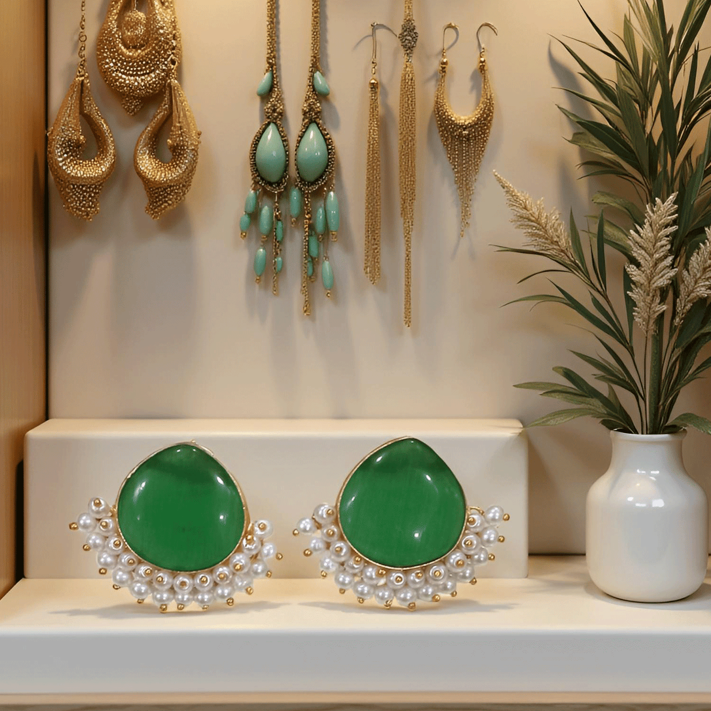 Pearl Drop Stud Earrings – Elegant Gold-Tone Ethnic Earrings