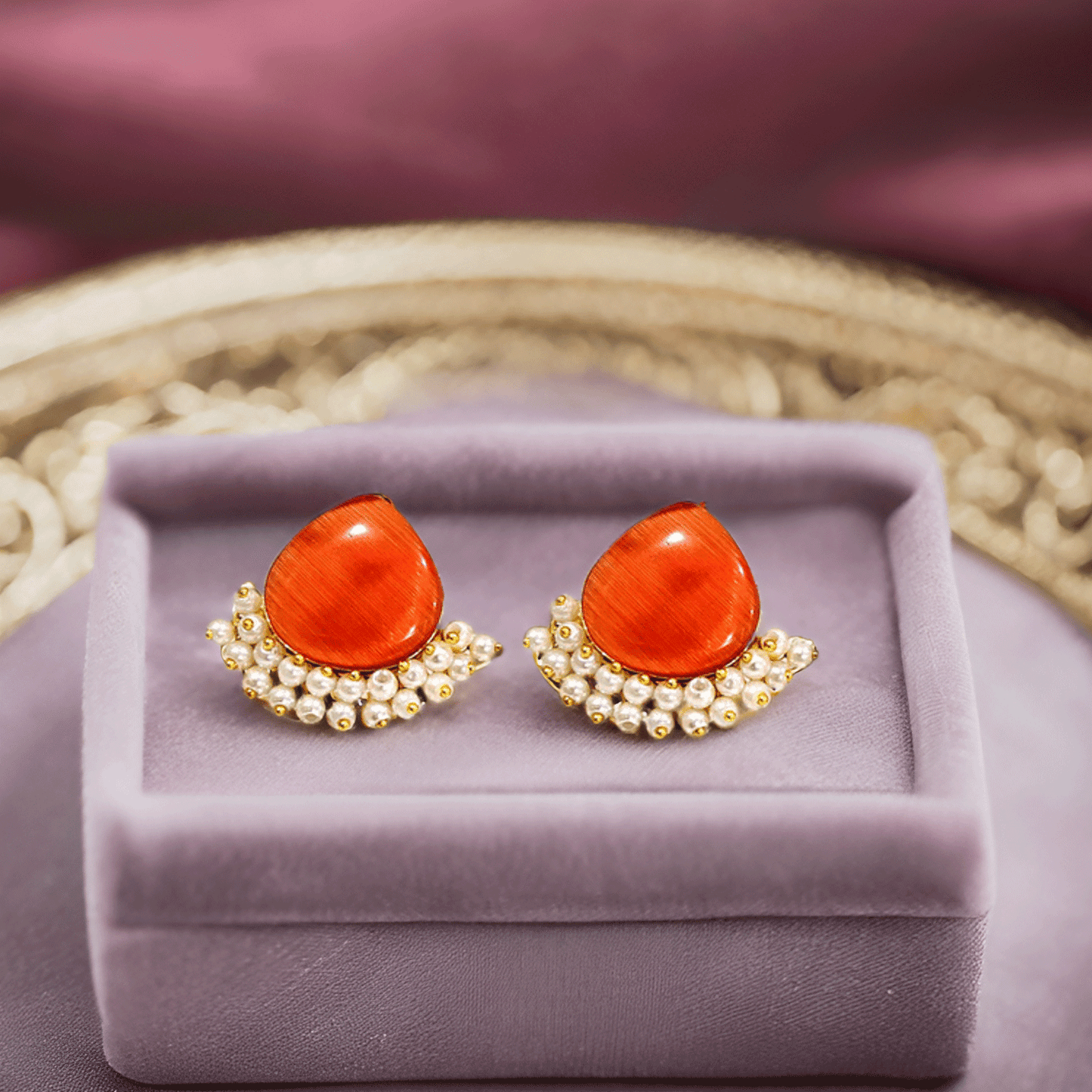 Pearl Drop Stud Earrings – Elegant Gold-Tone Ethnic Earrings