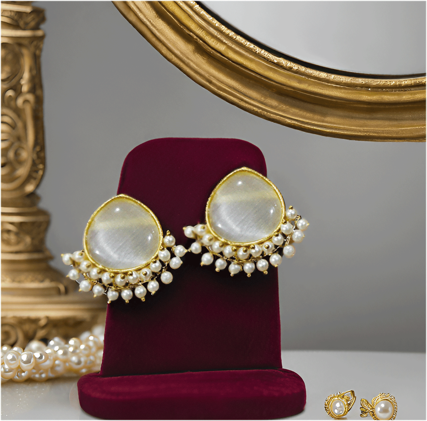 Pearl Drop Stud Earrings – Elegant Gold-Tone Ethnic Earrings