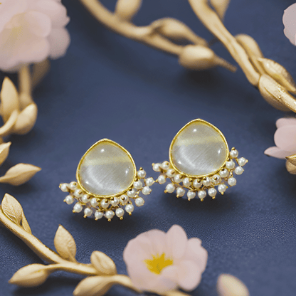 Pearl Drop Stud Earrings – Elegant Gold-Tone Ethnic Earrings