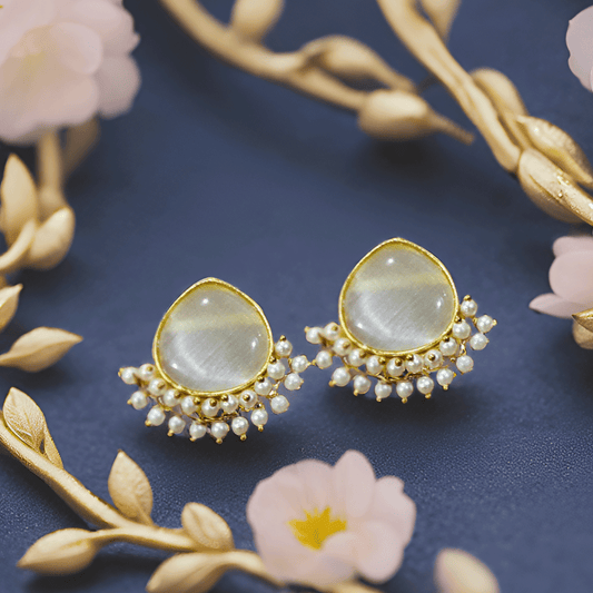 Pearl Drop Stud Earrings – Elegant Gold-Tone Ethnic Earrings