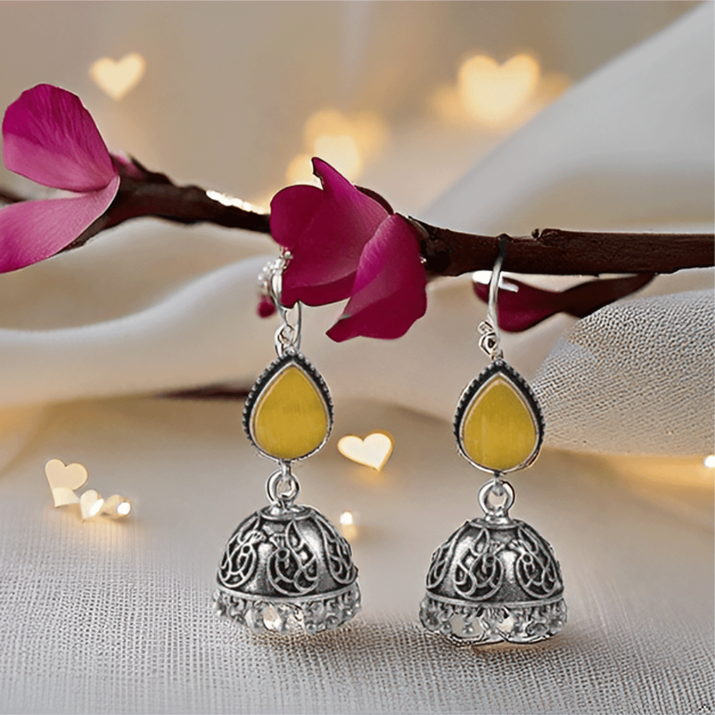 Mint Green Stone Oxidised Silver Jhumka Earrings